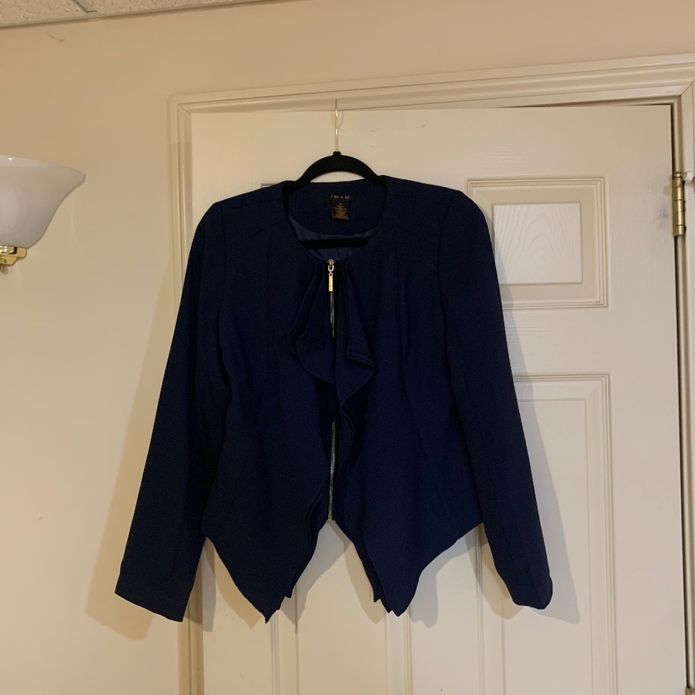 IMAN Blue Ruffled Front Angled Lined Jacket sz S